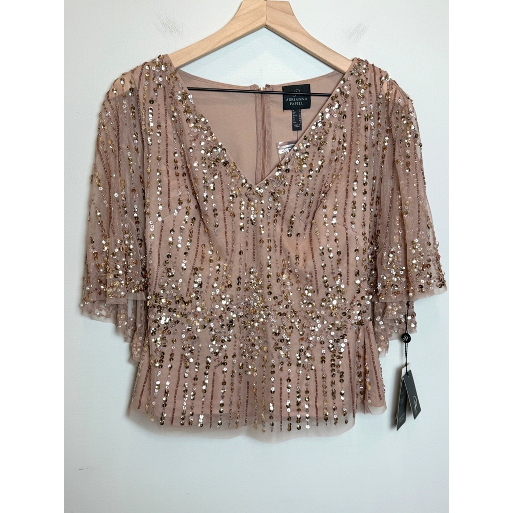 NWT Adrianna Papell Beaded Cape Top Flutter Sleeve Evening Formal Sequin Gold 4